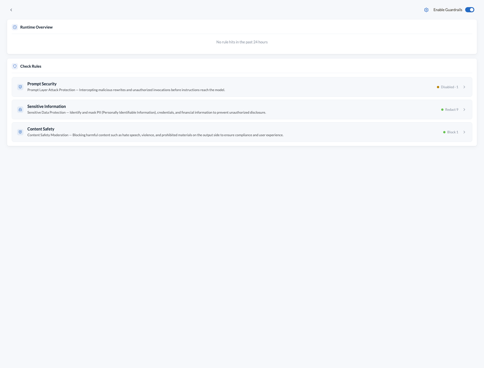 Runtime overview: no rule hits in the past 24 hours