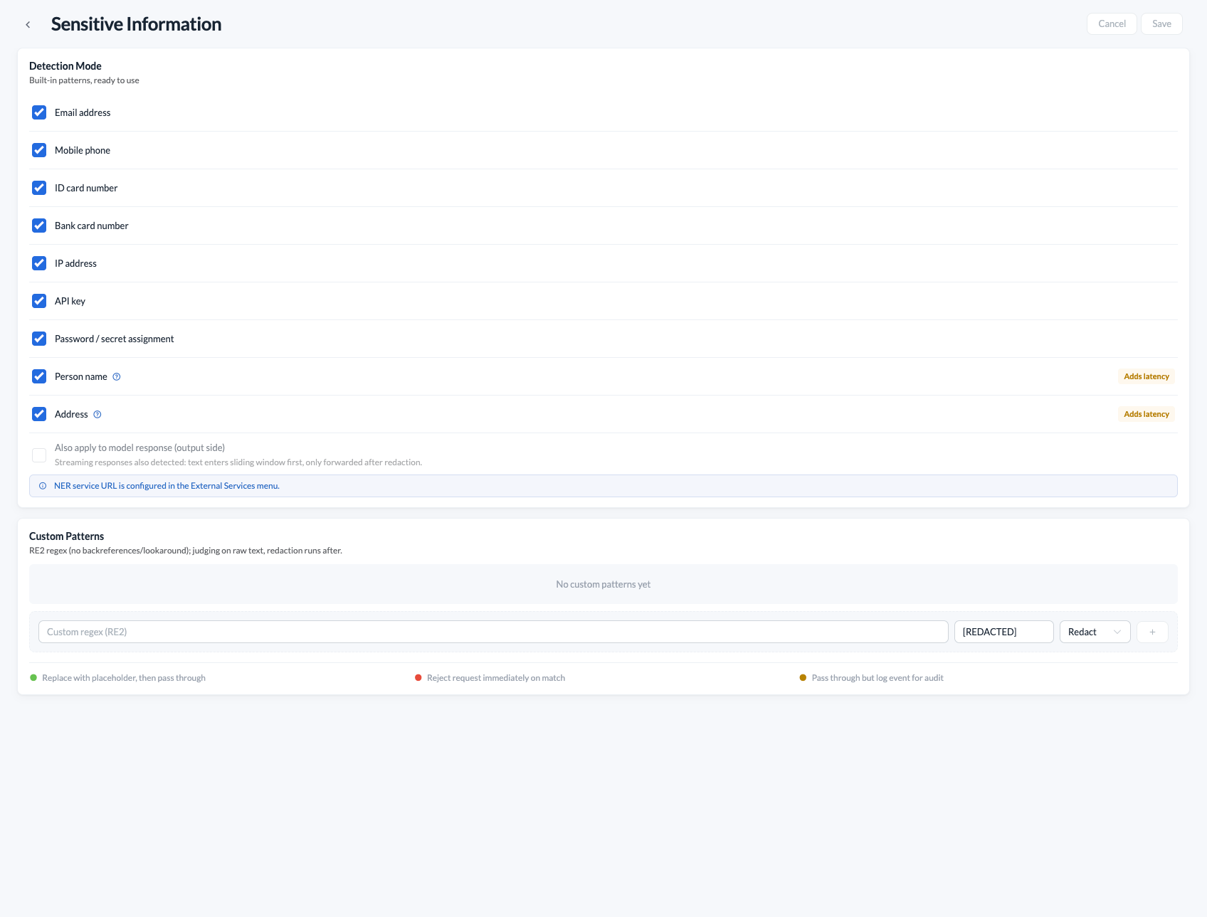 Sensitive information rules: built-in detectors, response inspection, and custom patterns