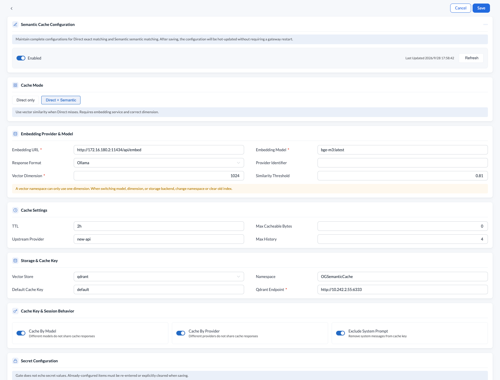 Semantic cache configuration: mode, Embedding, and policy settings